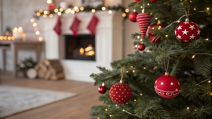 A warm and cozy Christmas scene featuring a decorated tree with red ornaments and glowing lights. A softly blurred fireplace and wooden foreground create a festive, dreamlike holiday atmosphere.