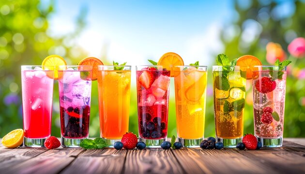 A vibrant array of refreshing fruit-infused beverages, perfect for a sunny day, beautifully arranged.