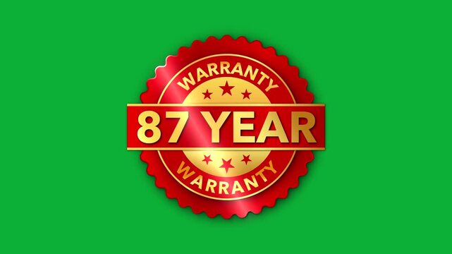 87 Year Warranty   on the green screen background. Badges Design Animation Motion graphics of warranty idea. 87 Year Warranty Stamp Imprint Seal Template. Round badge gold Stamp with Text Animation