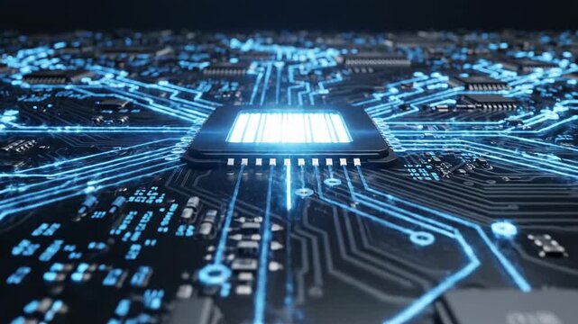 Fond de carte de circuit num&eacute;rique abstrait avec lignes bleues lumineuses repr&eacute;sentant le flux de donn&eacute;es, les connexions r&eacute;seau et l'essence centrale de la technologie et de l'innovation modernes.