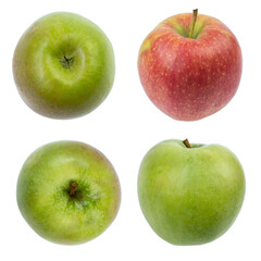 Set of fresh whole and cut apple and slices isolated on white background. From top view.
