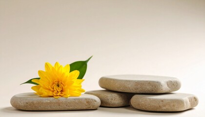 Stacked stones with yellow flower on neutral surface