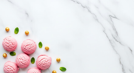 Pink ice cream scoops with mint leaves and gold balls on marble dessert sweet 1