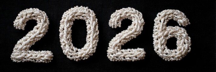 Pearly braided numbers forming 2026 on dark black background, creating elegant handcrafted composition with soft light reflection, ideal for festive New Year greetings and stylish celebration design.