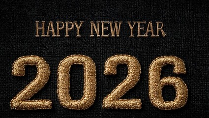 Golden embroidery text Happy New Year 2026 on black background, shimmering metallic threads reflecting festive glow, representing celebration, warmth, timeless holiday elegance in classic style.