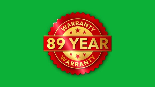 89 Year Warranty   on the green screen background. Badges Design Animation Motion graphics of warranty idea. 89 Year Warranty Stamp Imprint Seal Template. Round badge gold Stamp with Text Animation