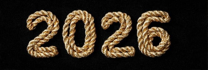Golden braided numbers 2026 created with shimmering threads on dark textured surface, expressing warm holiday mood and luxurious handcrafted detail for modern New Year decoration and celebration.
