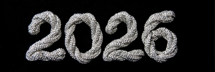 Silver braided numbers forming 2026 on black background, shimmering with metallic texture, symbolizing modern celebration, luxury New Year greeting, and festive seasonal elegance in refined style. 