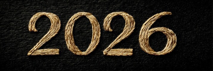 Gold thread embroidery forming numbers 2026 on black textured fabric, glowing with festive charm and artistic craftsmanship, ideal for holiday greeting cards and creative New Year celebration themes.