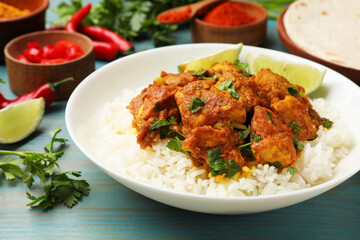 Delicious chicken tikka masala with rice, parsley, lime and spices on light blue wooden table, closeup