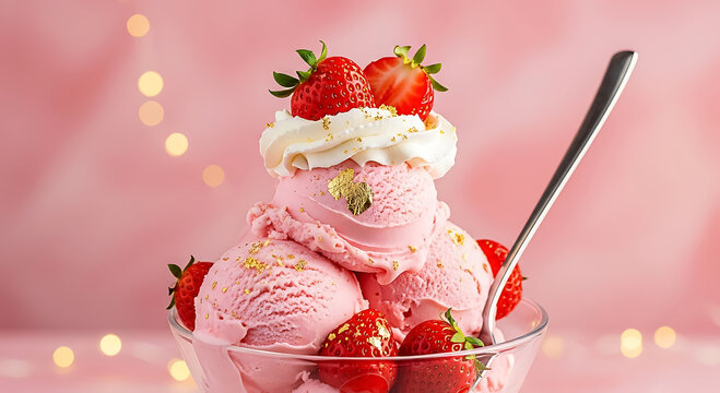 Pink strawberry ice cream sundae with whipped cream and fresh strawberries dessert sweet