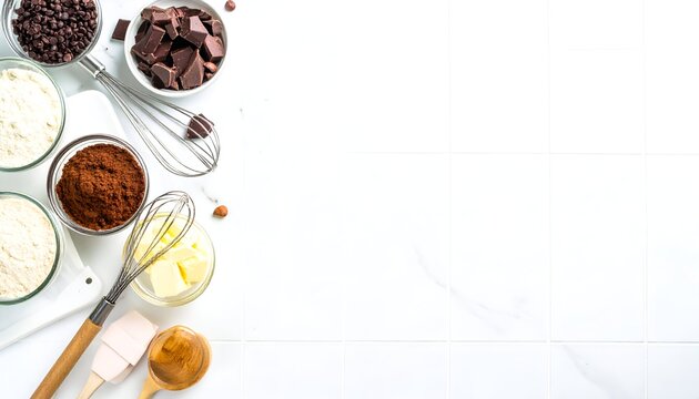 Overhead view of baking ingredients on a white surface with copy space.