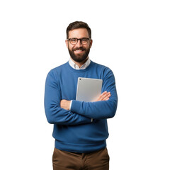 A smiling bearded man wearing glasses and a blue sweater holding a tablet with his arms crossed isolated on transparent background