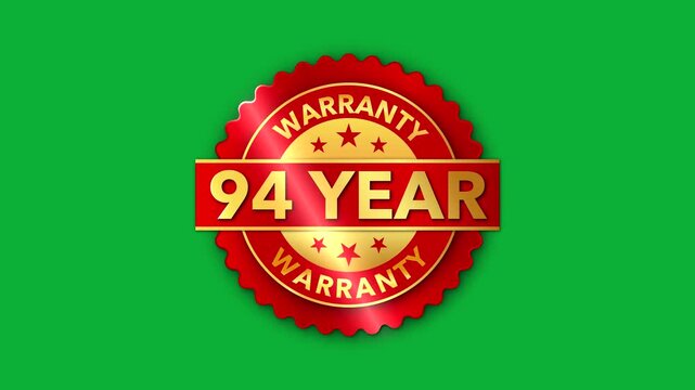 94 Year Warranty   on the green screen background. Badges Design Animation Motion graphics of warranty idea. 94 Year Warranty Stamp Imprint Seal Template. Round badge gold Stamp with Text Animation