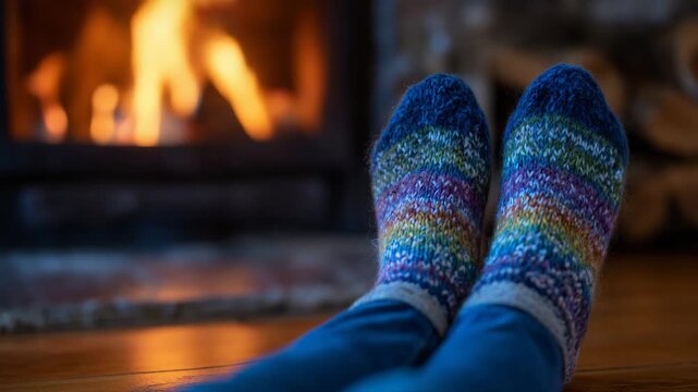 Relaxed holiday moment, woman&rsquo;s legs crossed in blue jeans and colorful knitted socks, warm fireplace glow highlighting textures of socks and floor