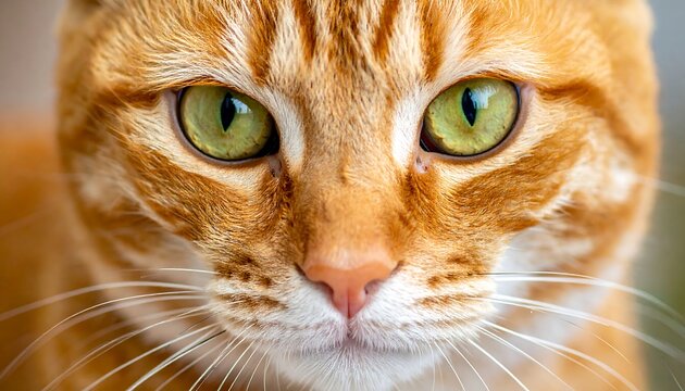 Close-up of a ginger cat's face showcasing intense green eyes and detailed fur patterns against a blurred backdrop