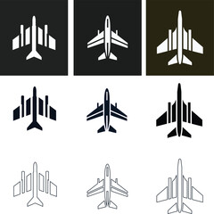 Modern airplane fighter icon set. Multiple styles including flat, line, and solid designs—ideal for aviation apps, air force, and travel graphics.