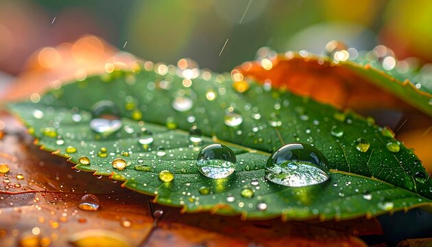 Close-up of a green leaf with water droplets on autumn leaves, bokeh background, soft focus
