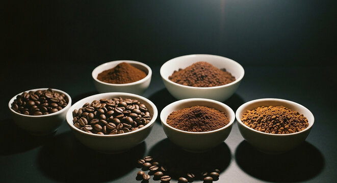 A collection of coffee beans in bowls set on a black background, emphasizing their diverse colors and sizes