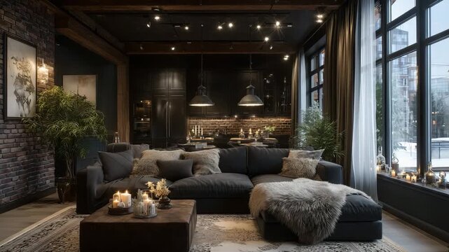 Rustic-modern loft with dark brick wall, industrial pendant lighting, and cozy seating area with plush fabrics and warm tones