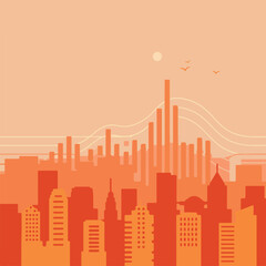 Fototapeta premium Flat, simplified illustration of a cityscape at dusk. Silhouettes of buildings and flying birds in a warm color palette