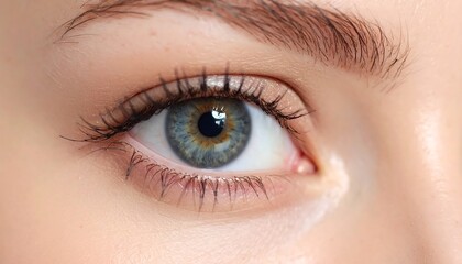 Fototapeta premium Close-up of a human eye, showcasing shades of blue and green, framed by lashes and a brow