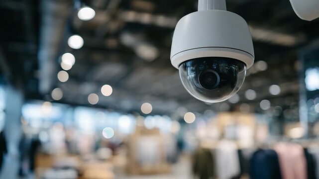 Sleek dome security camera mounted on a white ceiling inside a modern retail store, blurred shelves and shopping customers in background, soft lighting highlighting surveillance te