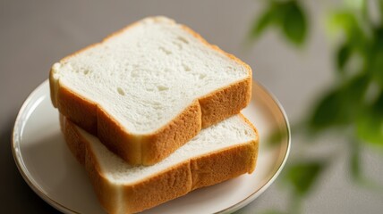 Stacked Slices Of White Bread On A White Plate With Soft Green Plant Blur sliced bread loaf