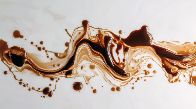 Artistic top-down view of spilled coffee forming abstract patterns on a white desk, minimal and conceptual