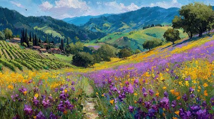 Regenerative Agriculture: Vibrant clover and radish cover crops with butterflies and bees between crop rows in terraced hillside vineyard