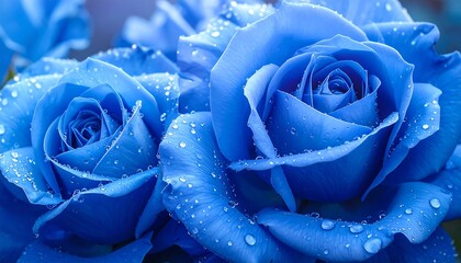 Close-up two striking, blue roses, adorned with tiny water droplets, displaying delicate petals and serene beauty