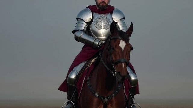 knight wears armor and helmet while riding horse across open plain. plate covers torso and limb. mount and steed move under armored rider. medieval cavalry element present. reins attach to bridle.