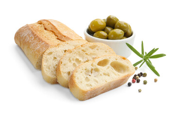 Cut ciabatta, olives, peppercorns and rosemary isolated on white