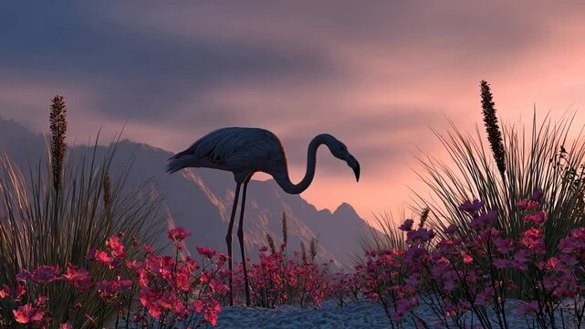 Flamingo at sunset in serene floral landscape