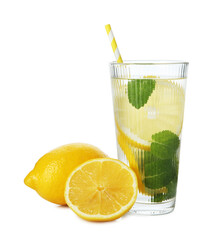 Refreshing water with lemons and mint isolated on white