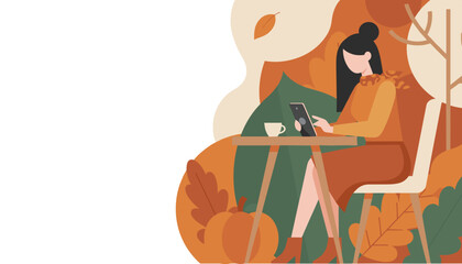 Woman using tablet outdoors in cozy autumn setting with pumpkin leaves and coffee Copy space