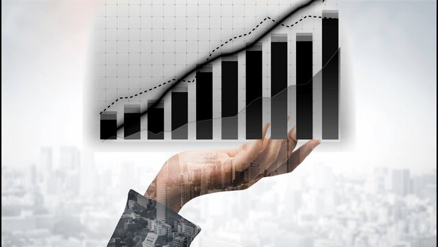 Visualize business growth through a hand holding a rising graph, symbolizing financial success against a city skyline, ideal for investment and strategy themes. Copula