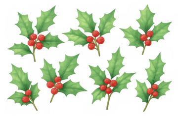 Holly branches with vibrant red berries and green leaves in a watercolor style, conveying festive holiday themes