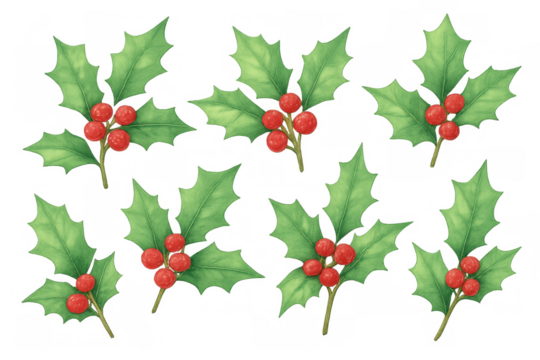 Holly branches with vibrant red berries and green leaves in a watercolor style, conveying festive holiday themes