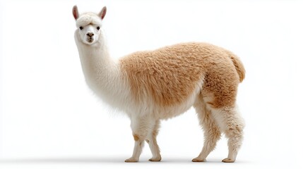 Naklejka premium Cute alpaca standing in a bright, white setting with fluffy fur and curious expression