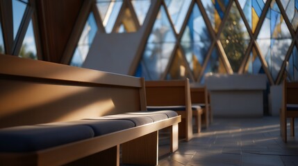 Fototapeta premium Empty modern chapel with sunlight streaming through geometric stained glass windows onto minimalist benches, evoking serenity, reflection, and architectural beauty in sacred memorial spaces.