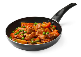 Delicious cooked stew in frying pan isolated on white