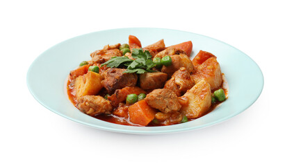 Plate with delicious cooked stew isolated on white