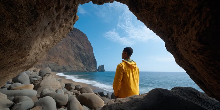 Male explorer in yellow jacket observing coastal rock arch and sea views