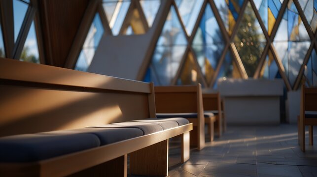 Empty modern chapel with sunlight streaming through geometric stained glass windows onto minimalist benches, evoking serenity, reflection, and architectural beauty in sacred memorial spaces.
