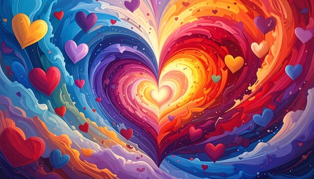 Colorful abstract heart formation with swirling patterns and small floating hearts