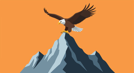 Naklejka premium Bald eagle perched on mountain peak, wings spread, with orange sky