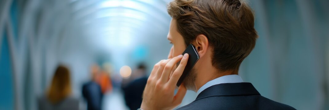 Young caucasian male in business attire talking on phone in urban tunnel