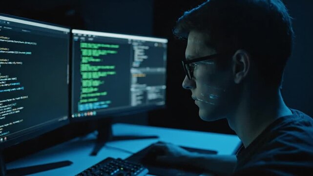A focused young developer codes late at night in a modern office, showcasing dedication and the intricate process of software development