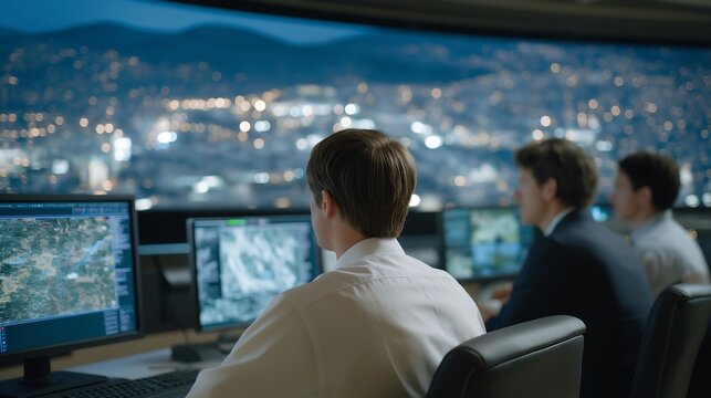 Smart city control room integrating 911 response data and public safety monitoring dashboards — wide panoramic view of a futuristic city operations hub with glowing holographic maps displaying live - Powered by Adobe
